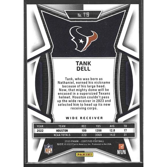 2023 Certified Tank Dell Rookie Card Bronze Mirror /275 Houston Texans RC SP - Picture 2 of 2